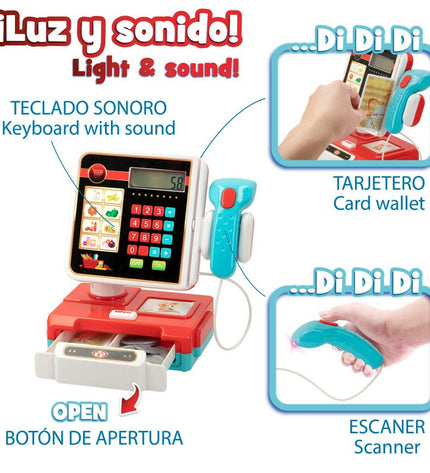 Colorbaby My Home toy cash register set with 17 pieces, play money, and accessories, designed for imaginative role-play.