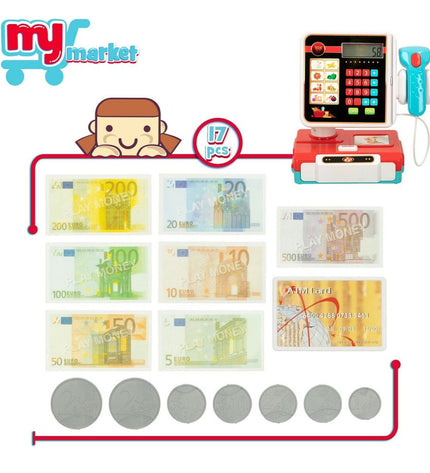Colorbaby speelgoedkassa with 17 colorful play parts, measuring 18x19x11 cm, designed for imaginative role-playing games.