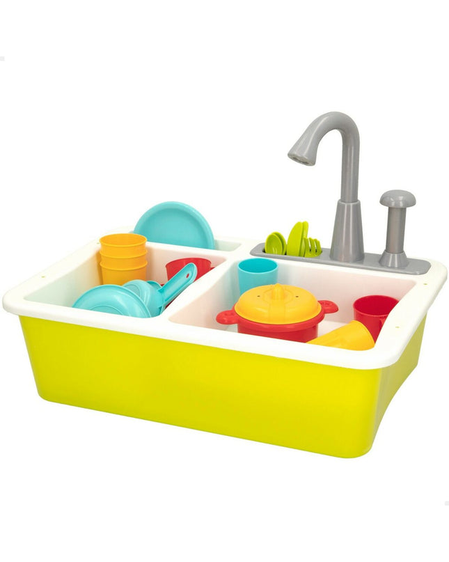 Colorbaby play kitchen with 22 accessories, featuring a sink, stove, and utensils, measuring 42x29x28 cm for imaginative pretend play.