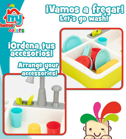 Colorbaby speelgoedkeuken with 22 accessories, featuring a sink, stove, and play utensils in a compact 42x29x28 cm size.