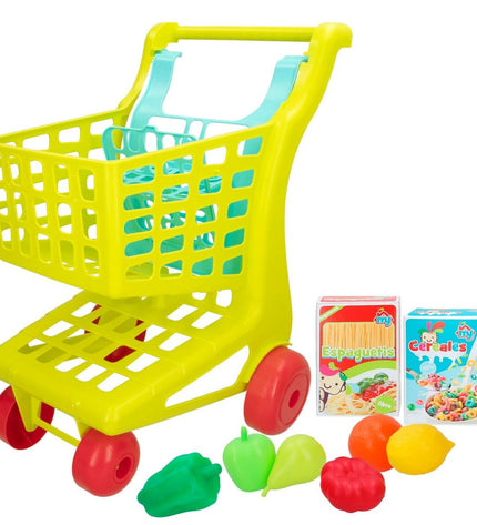 Colorbaby My Home toy shopping cart with 9 parts, dimensions 34 x 53.5 x 45 cm, shown with six carts in a playroom setting.