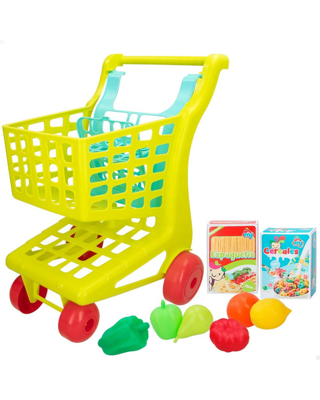 Colorbaby My Home toy shopping cart with 9 parts, dimensions 34 x 53.5 x 45 cm, shown with six carts in a playroom setting.