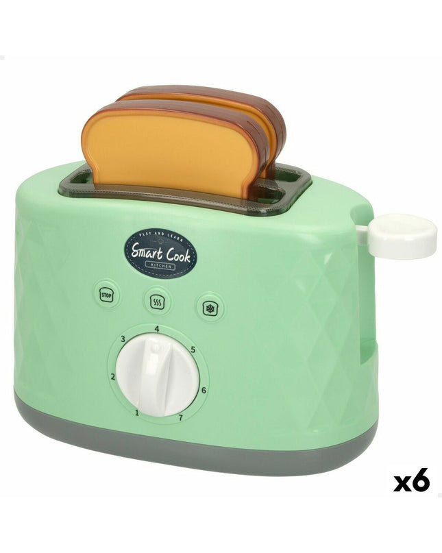 Colorbaby toy bread toaster set with six colorful toy toasters, ideal for pretend play, measuring 18 x 11.5 x 9.5 cm.