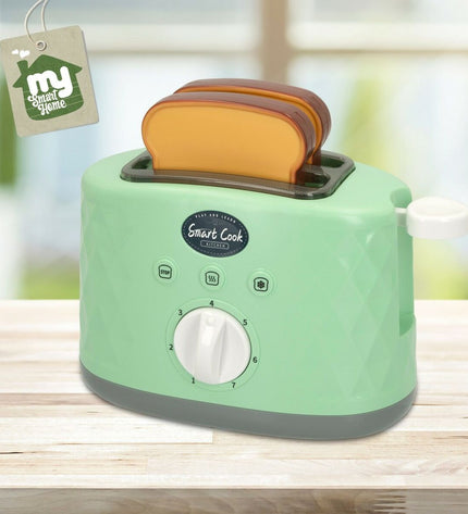 Colorbaby toy bread toaster set with six colorful plastic toasters, designed for pretend play, measuring 18x11.5x9.5 cm.