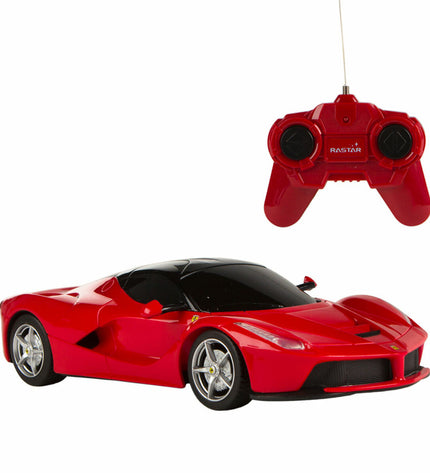 Four Ferrari LaFerrari remote control toy cars in 1:24 scale, colorful miniature vehicle toys for kids and collectors.