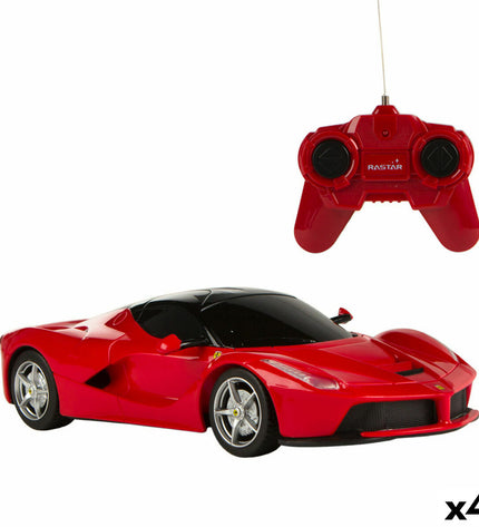 Four Ferrari LaFerrari remote control toy cars in 1:24 scale, colorful plastic vehicles for children’s play and racing fun.