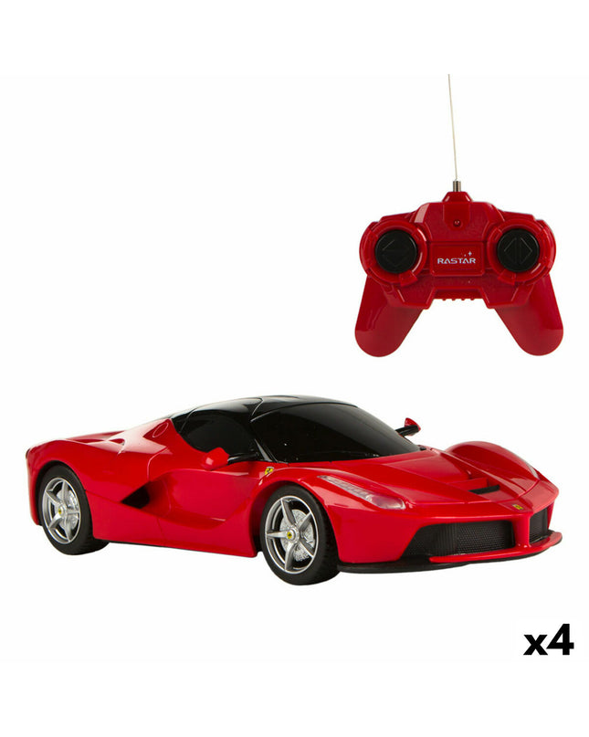 Four Ferrari LaFerrari remote control toy cars in 1:24 scale, colorful plastic vehicles for children’s play and racing fun.