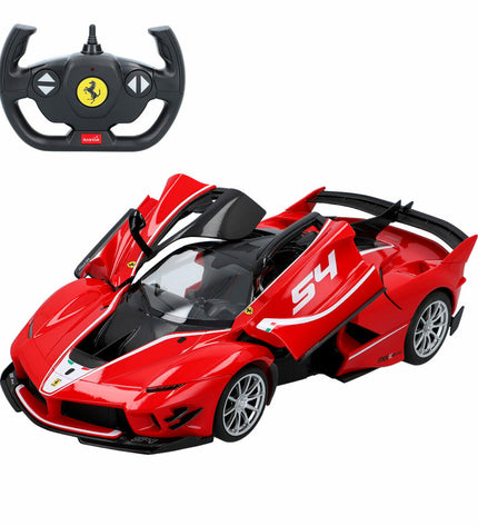 Two Ferrari FXX K Evo remote control toy cars, 1:14 scale, detailed plastic vehicles for children’s play, in vibrant red color.