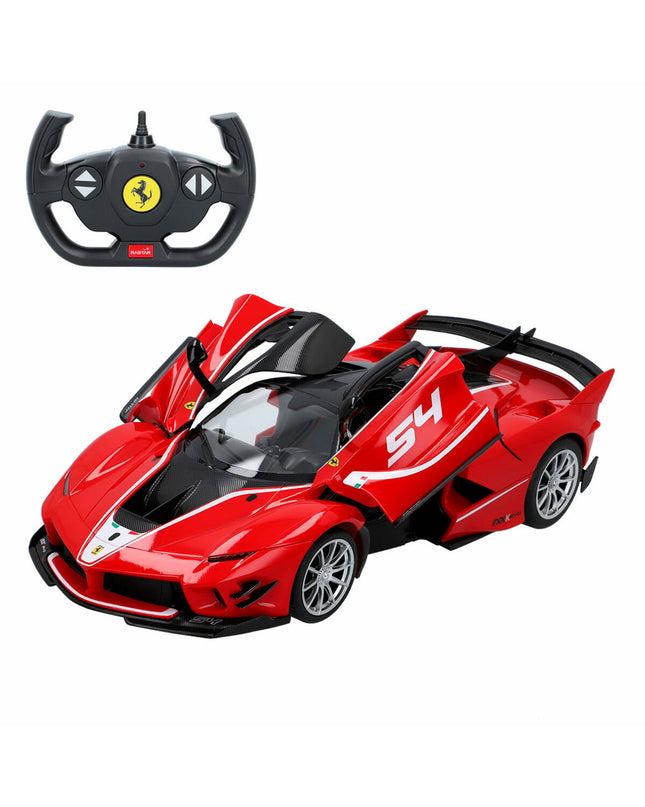 Two Ferrari FXX K Evo remote control toy cars, 1:14 scale, detailed plastic vehicles for children’s play, in vibrant red color.