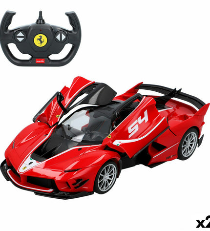 Two Ferrari FXX K Evo remote-controlled toy cars in 1:14 scale, featuring detailed design and bright red color.