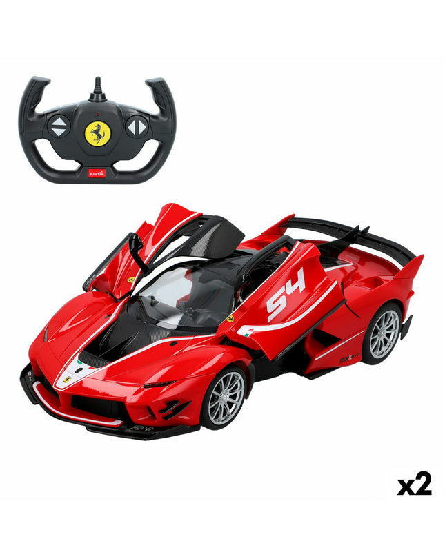 Two Ferrari FXX K Evo remote-controlled toy cars in 1:14 scale, featuring detailed design and bright red color.