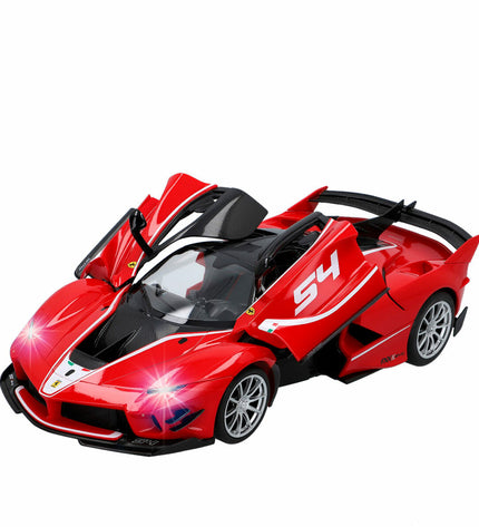 Two Ferrari FXX K Evo remote control toy cars in 1:14 scale, detailed with red bodies and black wheels, designed for play.