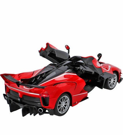 Two Ferrari FXX K Evo remote control toy cars, 1:14 scale, detailed plastic vehicles designed for play and display.
