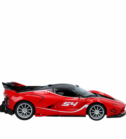 Two Ferrari FXX K Evo remote control toy cars in red, detailed with realistic features, designed for children’s play.