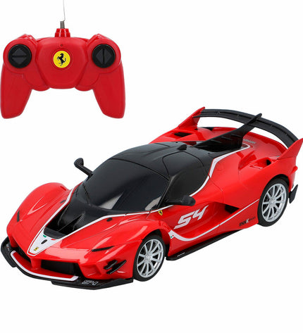 Four Ferrari FXX K Evo remote control toy cars in 1:24 scale, detailed vehicles for kids' play and collection.