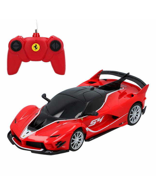 Four Ferrari FXX K Evo remote control toy cars in 1:24 scale, detailed vehicles for kids' play and collection.