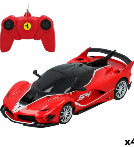 Four Ferrari FXX K Evo remote control toy cars in 1:24 scale, detailed miniature vehicles for play and collection.