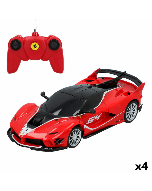 Four Ferrari FXX K Evo remote control toy cars in 1:24 scale, detailed miniature vehicles for play and collection.