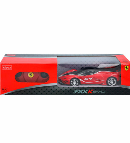 Four Ferrari FXX K Evo remote control toy cars, 1:24 scale, detailed miniature vehicles for play and collection.