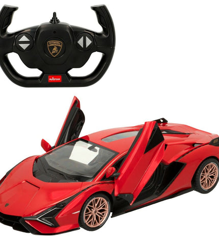 Two Lamborghini Sian remote control toy cars, 1:14 scale, detailed miniature vehicles in vibrant colors, perfect for play and collection.