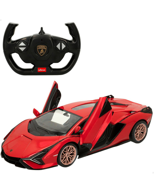 Two Lamborghini Sian remote control toy cars, 1:14 scale, detailed miniature vehicles in vibrant colors, perfect for play and collection.