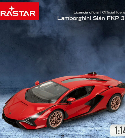 Two Lamborghini Sian remote control toy cars in 1:14 scale, detailed plastic vehicles for play and collection.