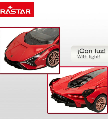 Two Lamborghini Sian remote control toy cars in 1:14 scale, detailed yellow and green plastic vehicles for kids' play.