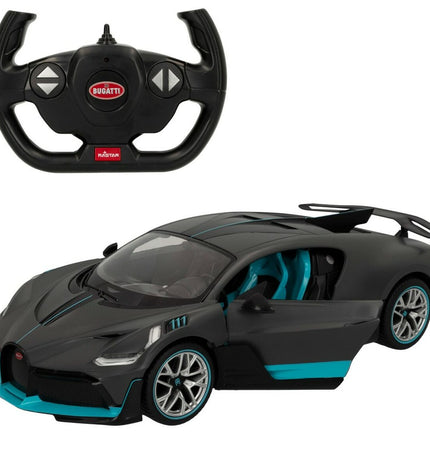Two dark gray remote-controlled Bugatti Divo toy cars, 1:14 scale, detailed miniature vehicles for play and collection.