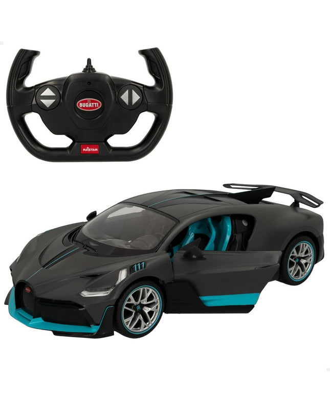 Two dark gray remote-controlled Bugatti Divo toy cars, 1:14 scale, detailed miniature vehicles for play and collection.