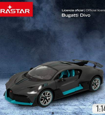 Two dark gray Bugatti Divo remote control toy cars, 1:14 scale, detailed plastic vehicles for play and display.