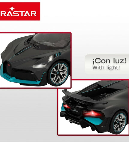 Two dark gray Bugatti Divo remote control toy cars, 1:14 scale, detailed miniature vehicles for play and display.