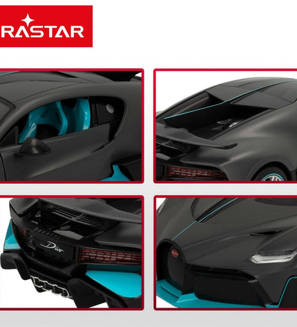 Two dark gray Bugatti Divo remote control toy cars, 1:14 scale, detailed miniature vehicles for play and collection.