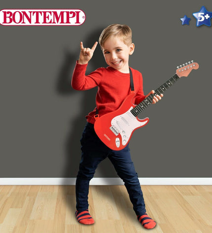 Colorful Bontempi kindergitaar toy with a small wooden body and strings, designed for children's musical play and learning.
