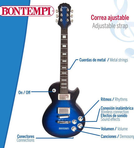 Bontempi Kindergitaar ROCK in bright colors, lightweight toy guitar for children, with colorful strings and playful design.