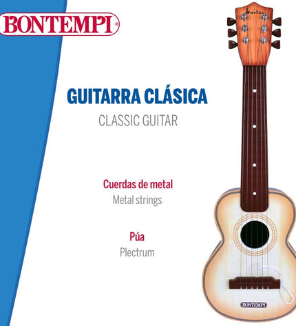 Colorful Bontempi kindergarten guitar, a children's music toy, with bright strings and playful design for young musicians.