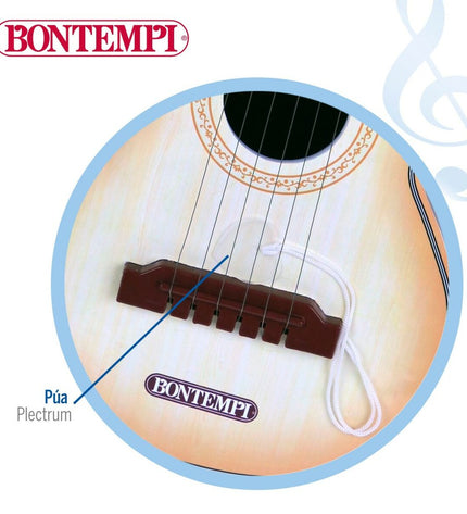 Colorful Bontempi Kindergitaar toy for children, featuring bright strings and a small wooden body, ideal for young music learners.