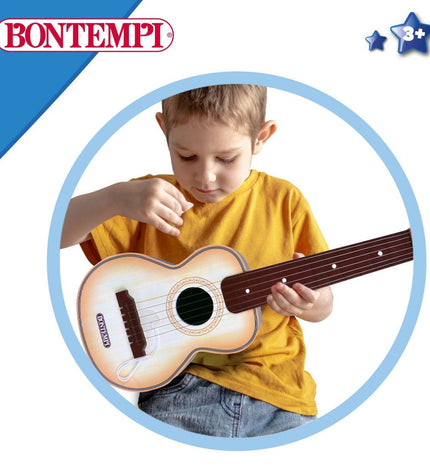 Colorful Bontempi kindergarten guitar toy, a children's musical instrument with bright design and small size for young learners.