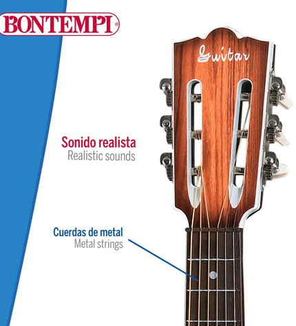 Colorful Bontempi Folk toy guitar for children, lightweight wooden musical instrument ideal for young kids to play and learn music.