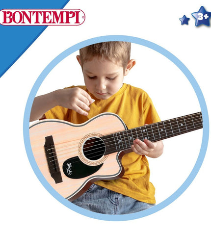Colorful Bontempi Folk Kindergitaar, a children's musical instrument with a vibrant design and small size for young learners.