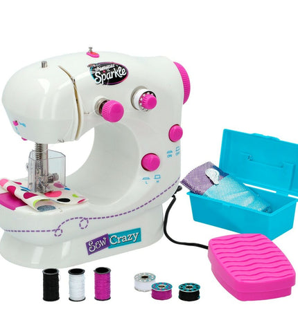 Two Cra-Z-Art Shimmer 'n Sparkle toy sewing machines, colorful plastic imiteerspelletjes in pink and purple, 18.5x19x11 cm.