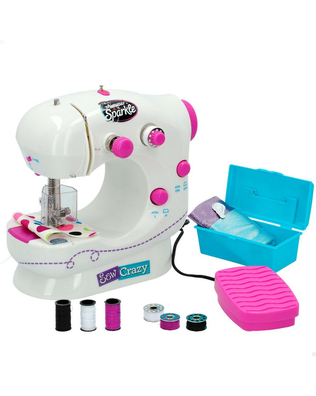 Two Cra-Z-Art Shimmer 'n Sparkle toy sewing machines, colorful plastic imiteerspelletjes in pink and purple, 18.5x19x11 cm.