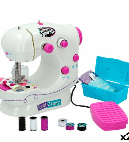 Cra-Z-Art Shimmer 'n Sparkle toy sewing machine set, colorful plastic imiteerspelletje with two compact machines for kids' play.