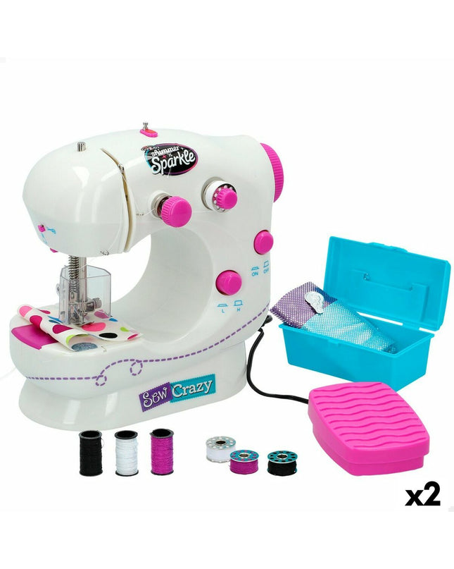 Cra-Z-Art Shimmer 'n Sparkle toy sewing machine set, colorful plastic imiteerspelletje with two compact machines for kids' play.