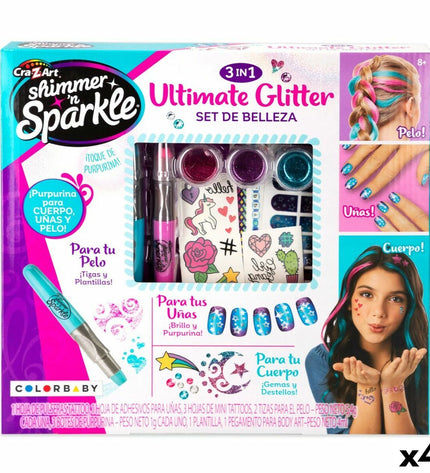 Cra-Z-Art schoonheidsset with 4 pretend nail, hair, and body accessories for children, including purpurine-colored items.
