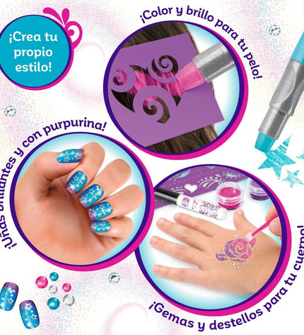 Cra-Z-Art beauty set for kids with pretend nail, hair, and body accessories, includes four pieces in purple, 2x13x2 cm.
