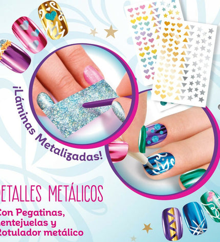 Cra-Z-Art beauty set with four metal rainbow nail toys for kids, featuring colorful, pretend nail designs in a compact size.
