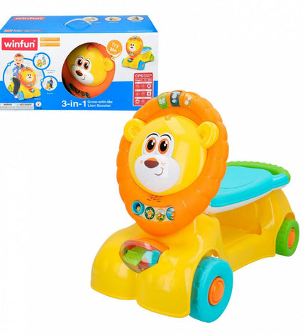 Two Winfun lion-themed ride-on toys with lights and sounds, measuring 57x42x26 cm, designed for children to play outdoors.