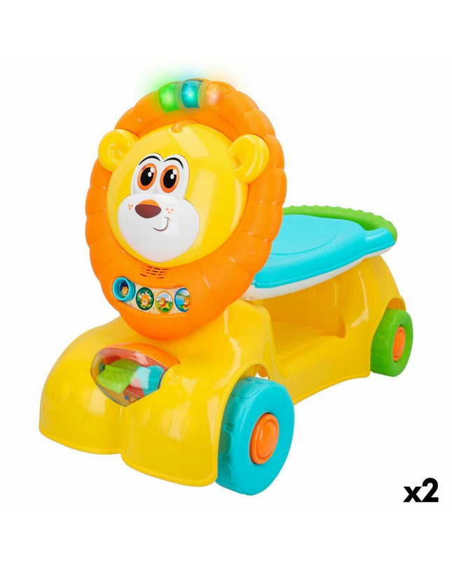 Two Winfun lion-themed ride-on toys with lights and sounds, measuring 57x42x26 cm, designed for children’s outdoor play.