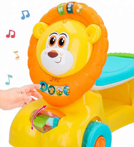 Pair of Winfun lion-themed ride-on toys with lights and sounds, measuring 57x42x26 cm, designed for children to play outdoors.