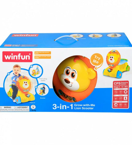 Two Winfun lion-themed light and sound toy driewielers for children, measuring 57x42x26 cm, suitable for outdoor play.